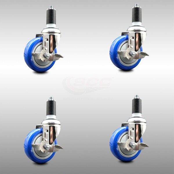 Service Caster 4 Inch 316SS Blue Poly Swivel 1-1/4 Inch Expanding Stem Caster Set Brake SCC SCC-SS316EX20S414-PPUBBLUE-TLB-114-4 - main